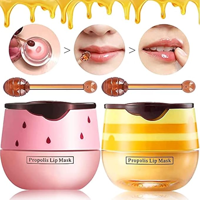 Loobexery 2 PACK BEE LIP BALM HONEY POT, HONEY & STRAWBERRY LIP MASK PROPOLIS LIP MASK MOISTURIZING HYDRATING PREVENTION DRY AND CRACKED LIP SCRUBS EXFOLIATOR (HONEY+STRAWBERRY) - Image 1